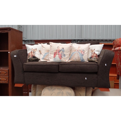 3069 - Brown Fabric 2 Seat Sofa & Assorted Cushions