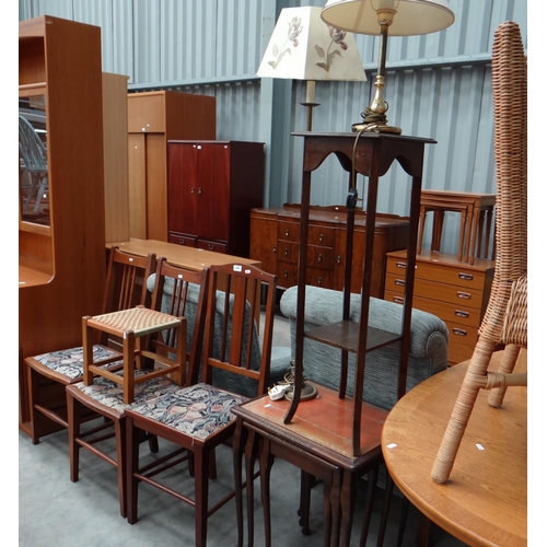3080 - Nest of Tables, Plant Stand, Rope Top Stool, 2 Brass Lamps & 3 Hand Chairs