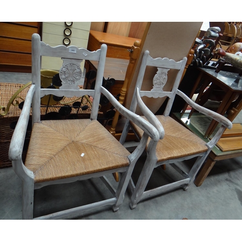 3084 - Pair of Painted Pine Elbow Chairs with Rush Seats