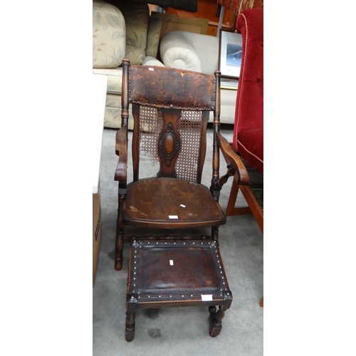 3111 - Pine Leather and Bergère Elbow Chair & Oak Footstool