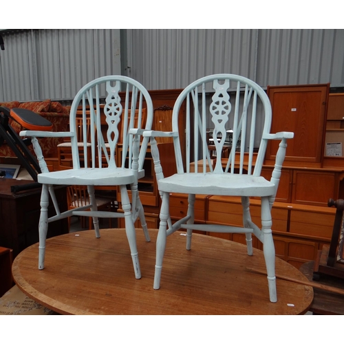 3117 - Pair of Painted Pine Wheelback Elbow Chairs