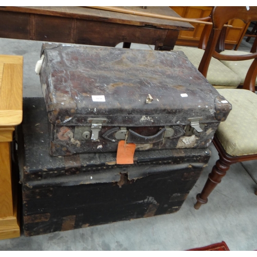 3120 - Vintage Leather Suitcase & Metal Bound Trunk