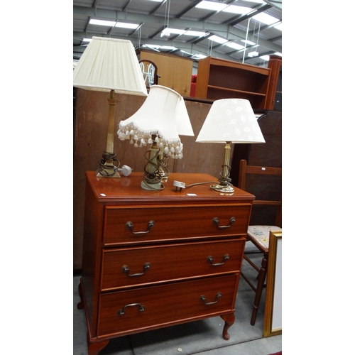 3133 - Teak 3 Drawer Chest & Assorted Lamps