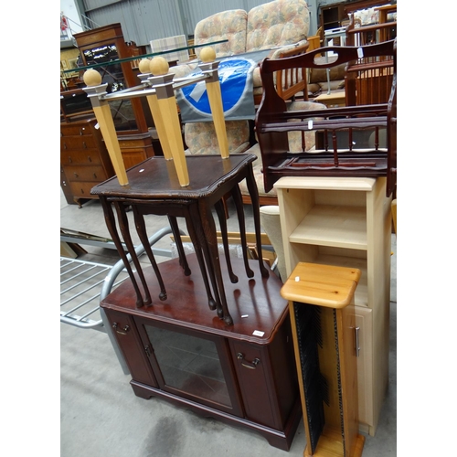 3266 - Mahogany Tv Unit, Nest Of Tables , Glass Top Side Table, Newspaper Rack Etc.