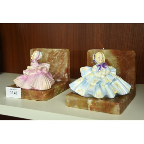 1148 - Pair of Figural Royal Doulton Bookends - Rosebud HN1581 - blue & pink colourway.