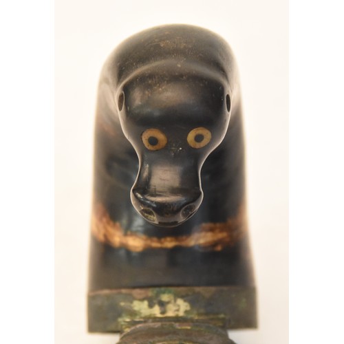 2170 - Antique Horn Snuff Mull with Animal Head Carving.
