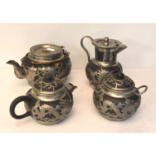 1142 - Four Piece Chinese Pewter Mounted Pottery Tea Service, with Dragon decoration.