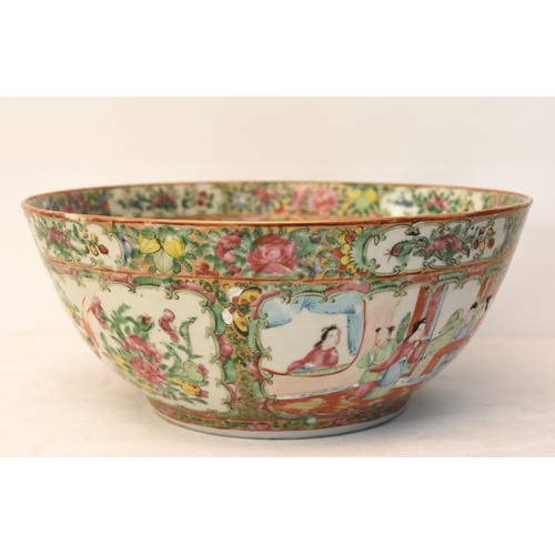 1480 - Canton Fruit Bowl, panels of figures & Exotic Birds on dense foliate ground, approx 29.5cm in diamet... 