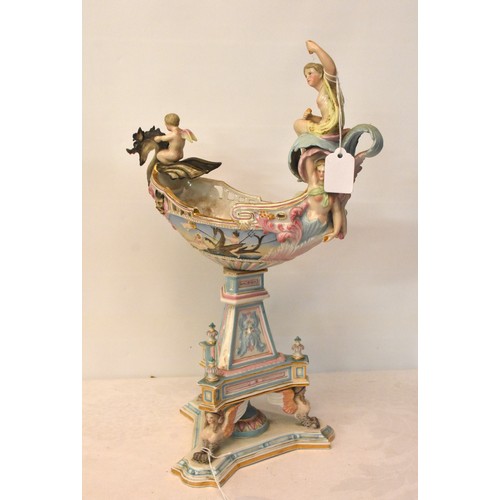 1506 - Antique Continental Porcelain Dragon Boat Centrepiece, approx 39cm tall, faint makers mark on unders... 