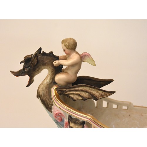 1506 - Antique Continental Porcelain Dragon Boat Centrepiece, approx 39cm tall, faint makers mark on unders... 