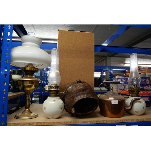 273 - 3 Oil Lamps, Copper Kettle and Head Sculpture