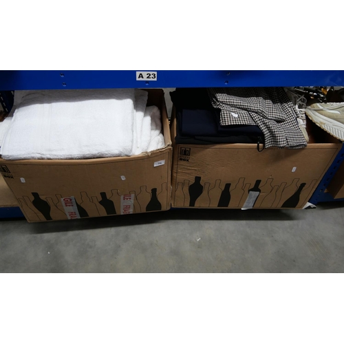 296 - 2 Boxes - Assorted Linen, Shoes (various sizes) and Clothing