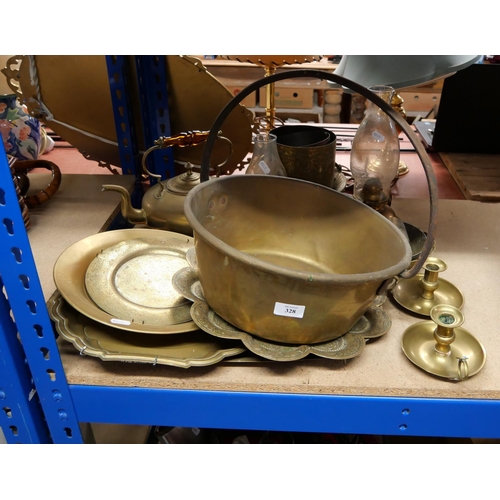 328 - Brass Jelly Pan, Brass Candlesticks and Assorted Brass Chargers