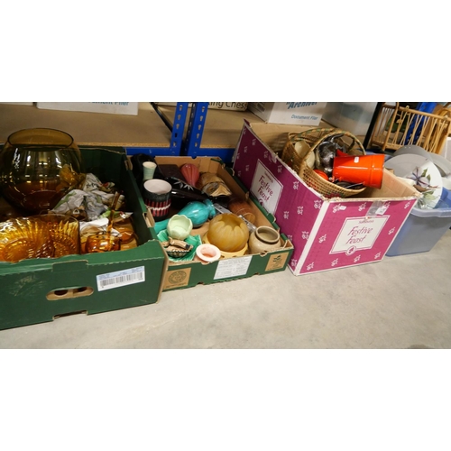 381 - 4 Boxes - Amber Glass Ware, Vases, Ornaments, Jugs Wicker Basket etc