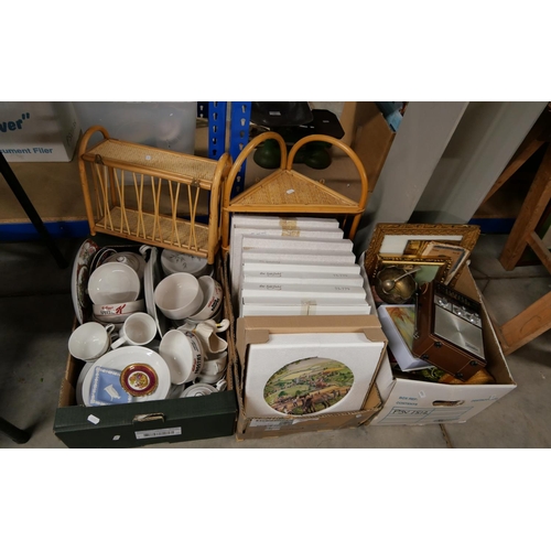 382 - Three Boxes - Collector's Plates, Wicker Stands, Bowls, Vintage Radio, Brass etc