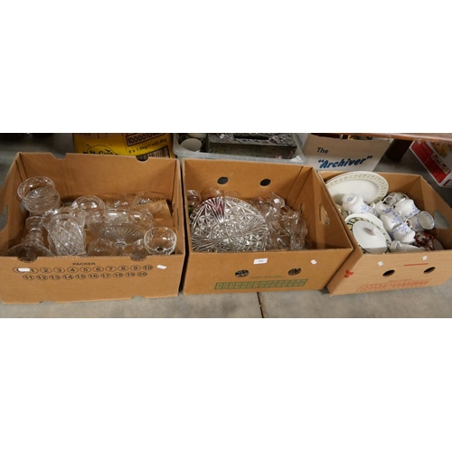 416 - 3 Boxes - Glass Ware, Cut Glass Vases, Tureen,  Assorted China, etc