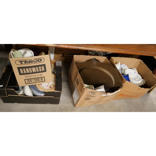 417 - 3 Boxes - Blue and White Plates, Ceramics, Cups, Brass Charger, Jugs etc