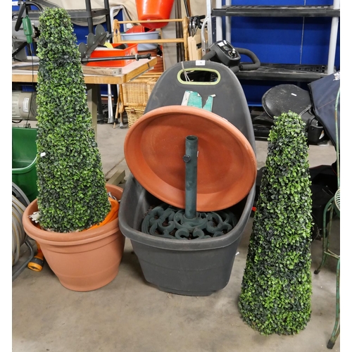 70 - Garden Trolley, Assorted Planters, Artificial Trees and Parasol Base