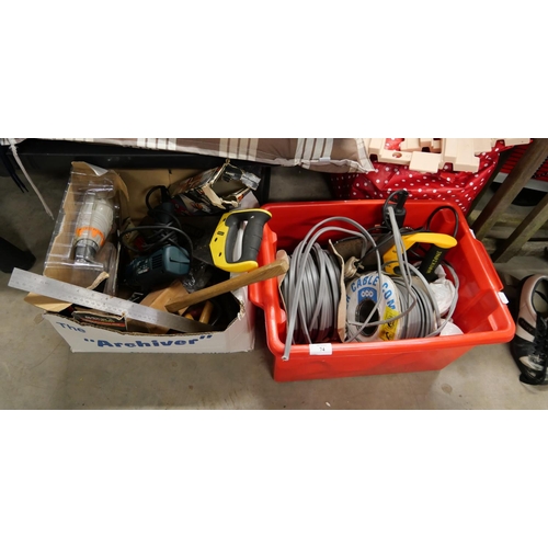 74 - 2 Boxes - Assorted Hand Tools, Stanley Saw, Mallet, Heat Gun, Assorted Cables etc