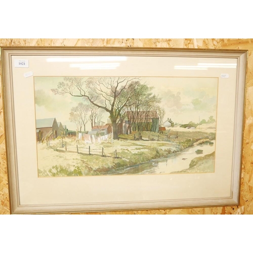 1021 - Framed Watercolour - Unsigned Rural Farmyard Scene, approx 53 x 29cm.