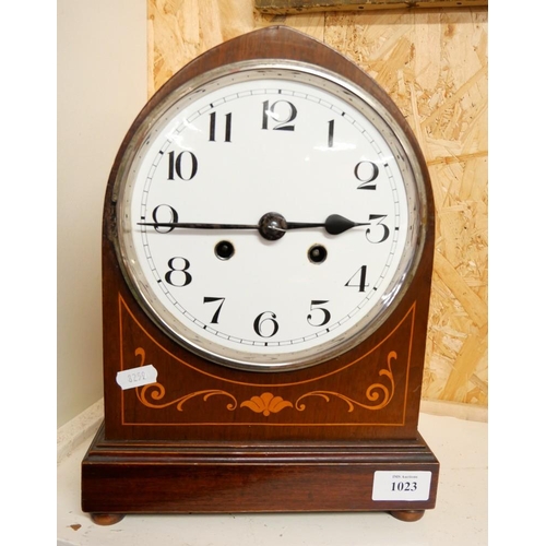 1023 - Edwardian Inlaid Mahogany Mantel Clock - Complete with Key & Pendulum.