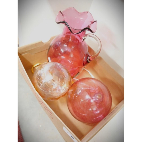 1038 - Box - Cranberry Glass Jug & Two Baubles.