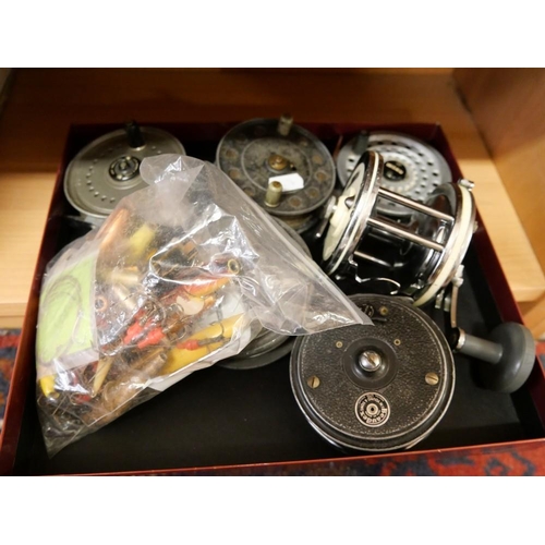 1045 - Five Vintage Fly Reels, Mitchell Multiplier & Bag of Lures.