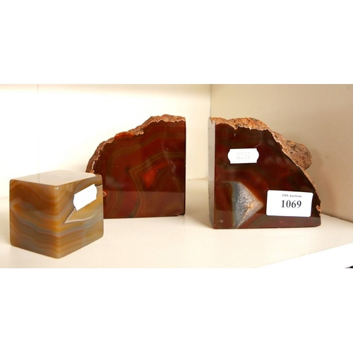 1069 - Pair of Polished Red Agate Bookends & Similar Agate Cube Shaped Paperweight.