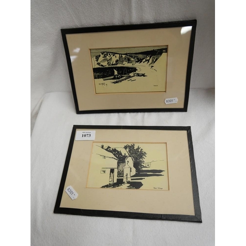 1073 - Two Small Framed Lino Type Prints.