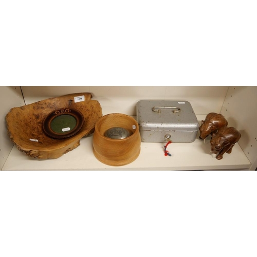 1075 - Turned Burr Wood Fruit Bowl, Pair of Hardwood Elephants, Cash Box etc.