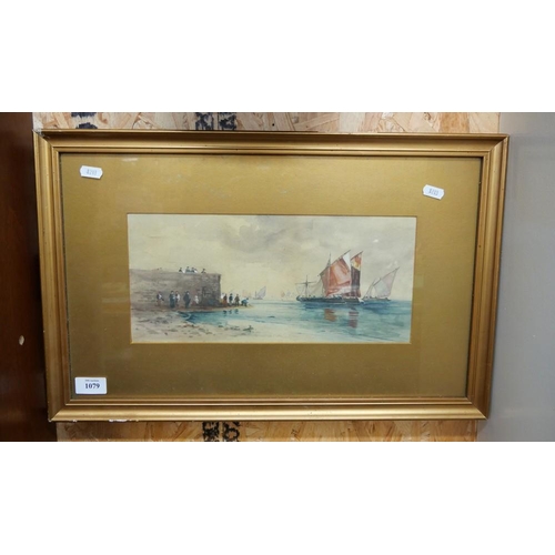 1079 - Framed Early 20th Century Watercolour - Ships Entering Harbour, approx 34 x 13cm.