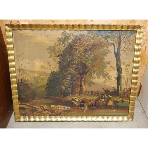 1081 - Antique Framed Oil Painting - Sheep by River, approx 42 x 33cm.