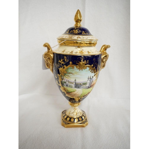 1099 - Modern Coalport Handpainted Vase & Cover by Malcolm Harnett, Balmoral Castle on Blue Ground, approx ... 