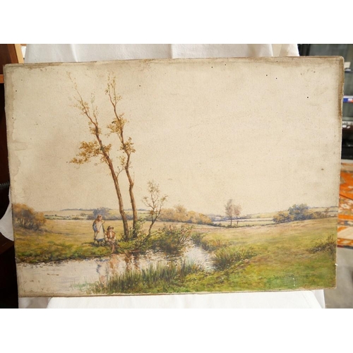 1124 - Watercolour (unframed), River Scene with Figures Fishing signed Norman M. MacDougall, approx 51 x 36... 