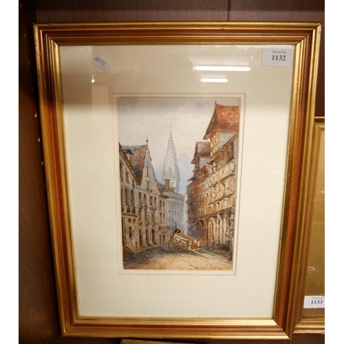 1132 - Framed Watercolour - Continental Street Scene, approx 15 x 24cm.