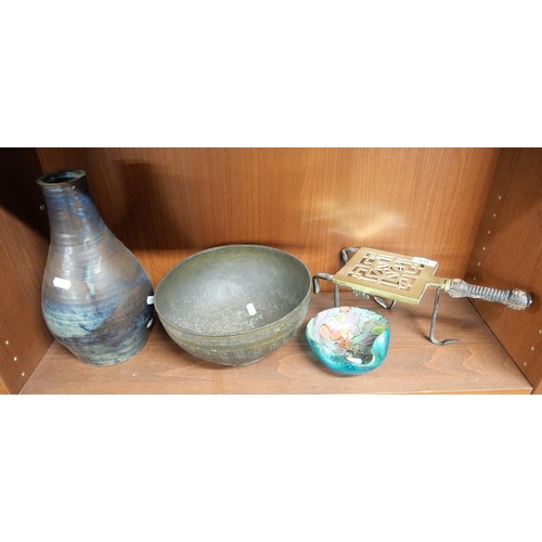 1136 - Pottery Vase, Brass Bowl & Trivet etc.