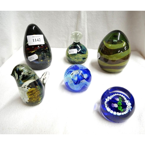 1142 - Six Glass Paperweights - Caithness & Mdina.