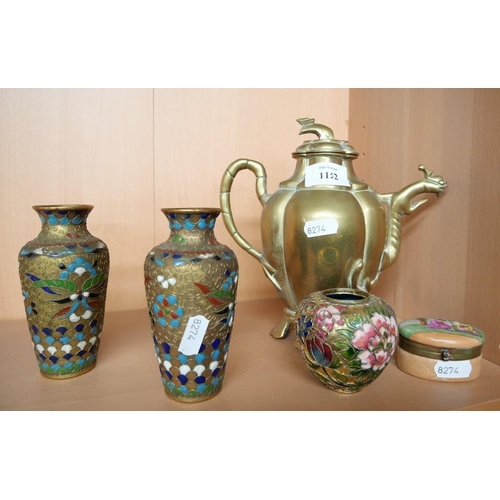 1152 - Oriental Teapot, Pair of Cloisonne Vases, Miniature Ginger Jar & Pill Box.