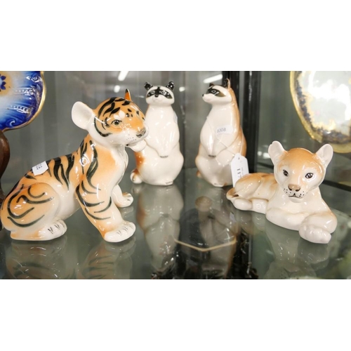 1175 - Four Pieces of Lomonosov Porcelain - Pair of Racoons, Tiger & Lion Cubs.