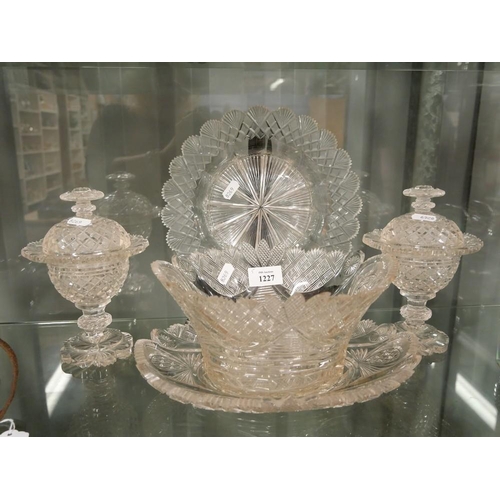 1227 - Rare Antique Georgian Facet Cut Glass Serving Garniture comprising of Shallow Bowl, Dish on Stand & ... 