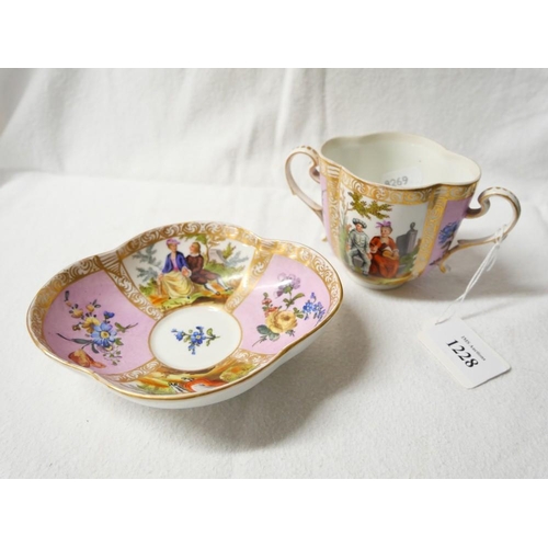 1228 - Augustus Rex Porcelain Cup & Saucer, painted with romantic figures in landscape, AR monogram makers ... 