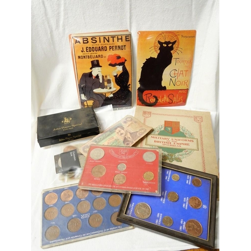 1235 - Box - Assorted Vintage Coins, three reproduction metal signs & banknote.