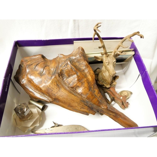 1237 - Box - Spear Head, Drift Wood, Metal Stag Mount, Crystal Paperweight etc.