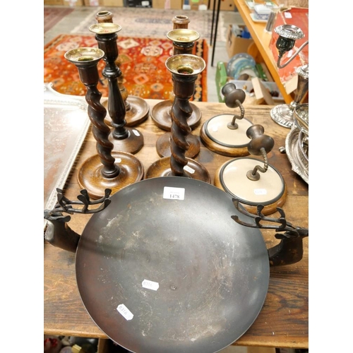 1478 - Three Pairs of Turned Wood Candlesticks, Wall Sconces & Metal Dish with Deer Handles.