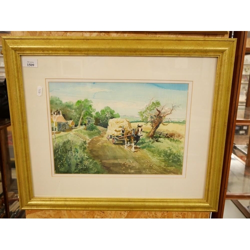 1509 - Framed Watercolour, Haycart on Country Track by Ron Forbes, approx 38 x 26cm.