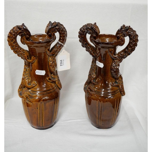 1522 - Pair of Oriental Glazed Pottery Dragon Vases, approx 28cm tall.