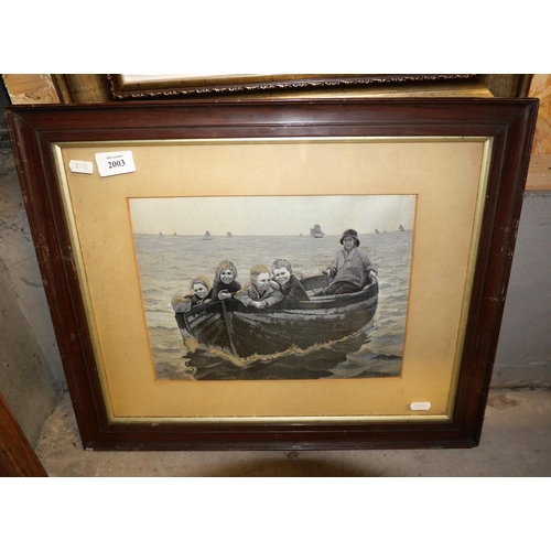 2003 - Vintage Framed Machine Embroidered Panel, depicting children on small boat.