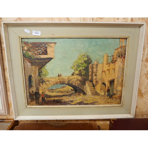 2014 - Framed Oil Painting - Continental Street Scene with figures in foreground by R Thomson, approx 51 x ... 