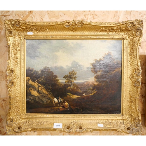 2031 - Antique Oil Painting, Extensive Landscape with Figures on Path in Foreground, approx 44 x 34cm.