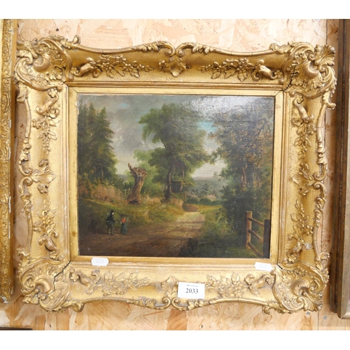 2033 - Antique Oil Painting, Wooded Path, Indistinct Signature, approx 28 x 24cm.